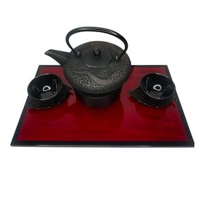 Teavana Black Cast Iron Tea Set with Red Tray